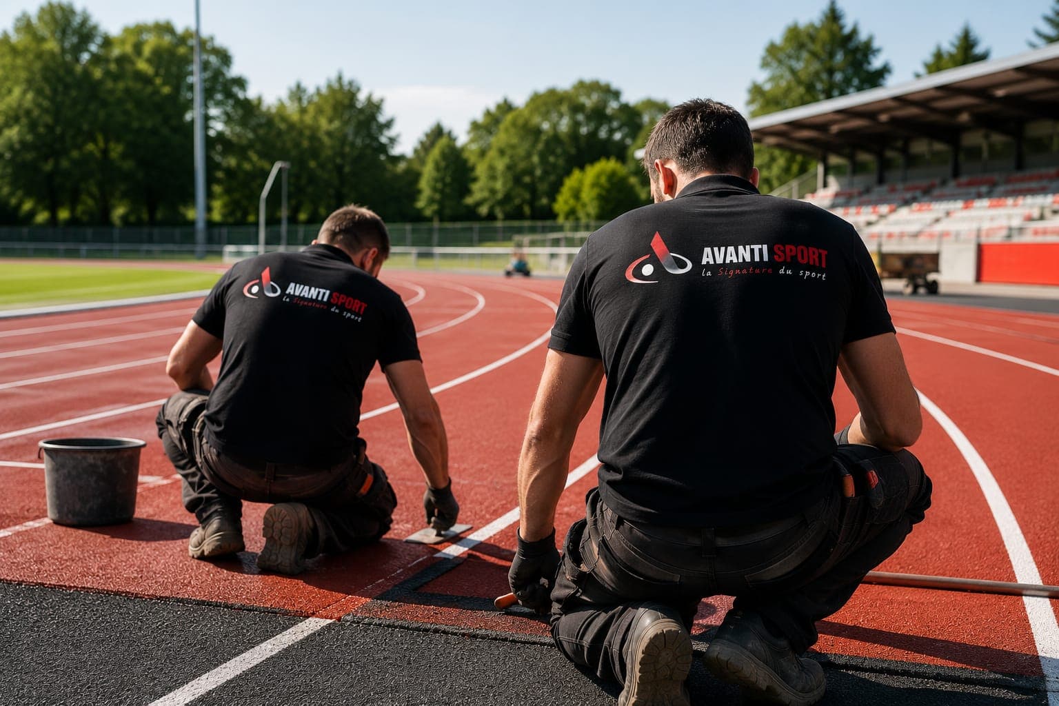 Techniciens Avanti Sport lors d'un traçage de piste d'athlétisme